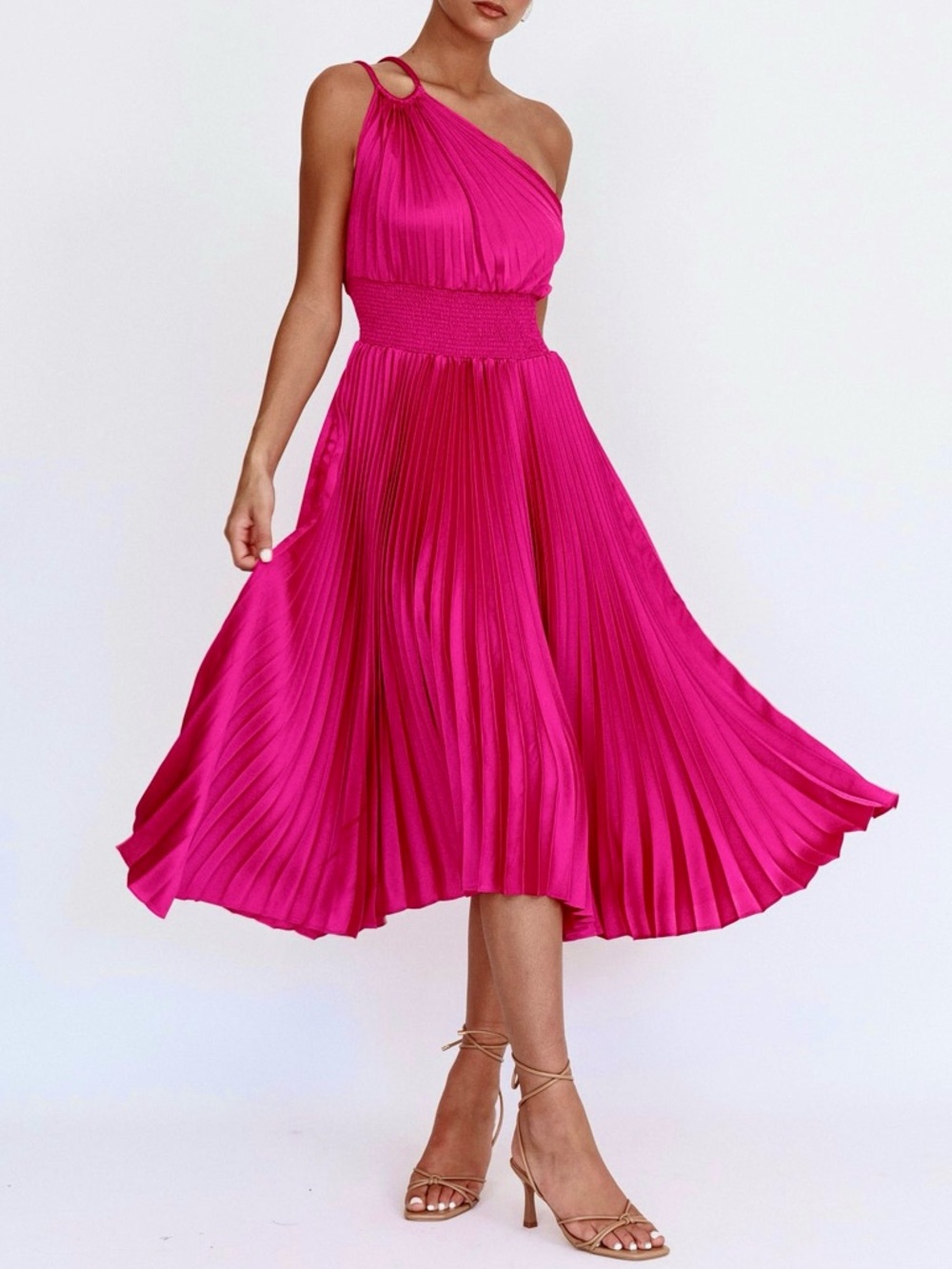 Calissa One Shoulder Pleated Midi Dress Magenta Pink NWT Sz L